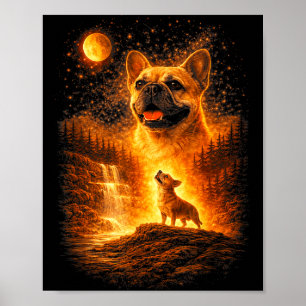 Poster Frenchie hurle à la lune vintage chien mystique