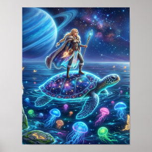 Poster Freya chevauche la Tortue Mondiale - Art Fantastiq