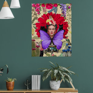 Poster Frida Kahlo Cat Monkey Colorful Floral Collage