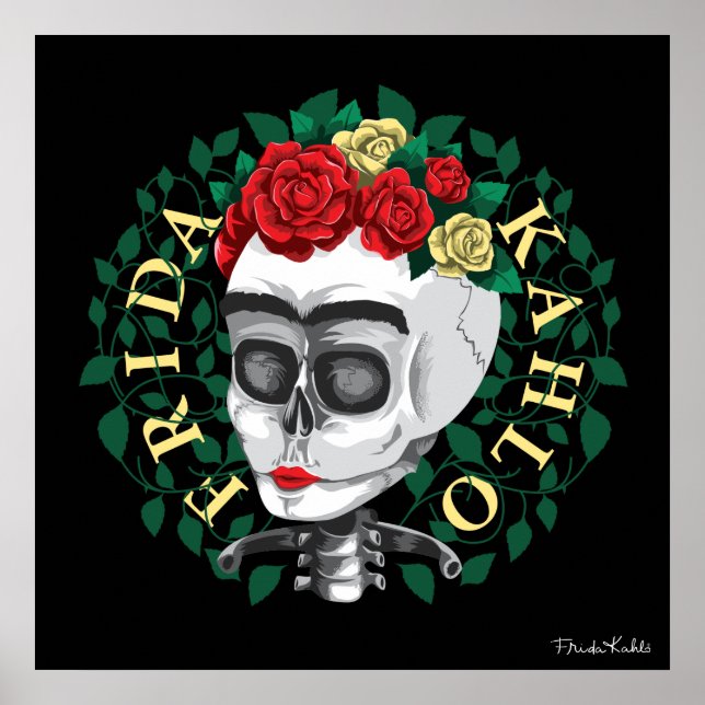 Poster Frida Kahlo | Crâne avec couronne Rose (Devant)