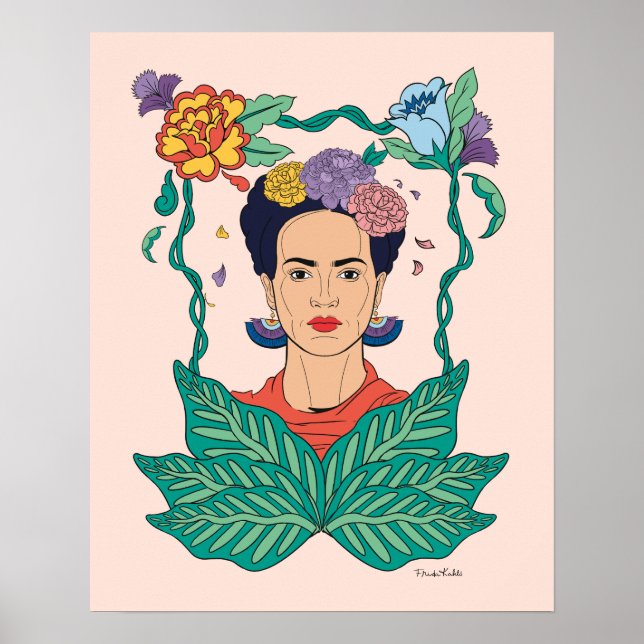 Poster Frida Kahlo Graphisme du cadre floral (Devant)