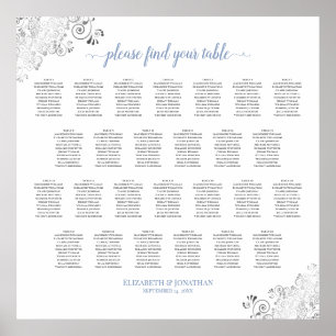 Poster Frilly 26 Table Wedding Seating Chart White & Blue