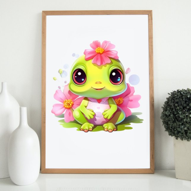 Poster Frog Nursery Décor Cute Froglet avec fleurs roses (Frog Nursery Decor Cute Froglet with Pink Flowers)