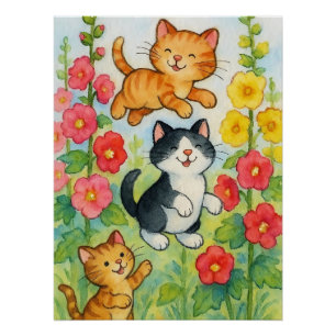 Poster Frolicking Country Chats in Flower Garden