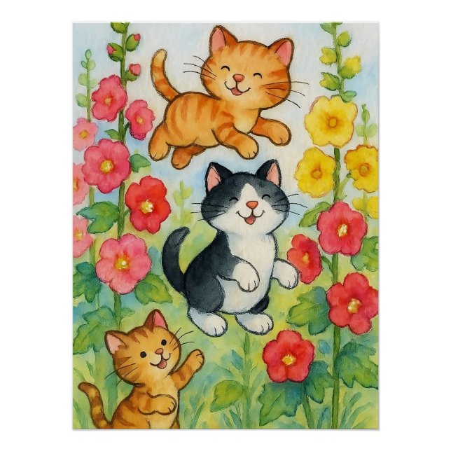 Poster Frolicking Country Chats in Flower Garden (Devant)