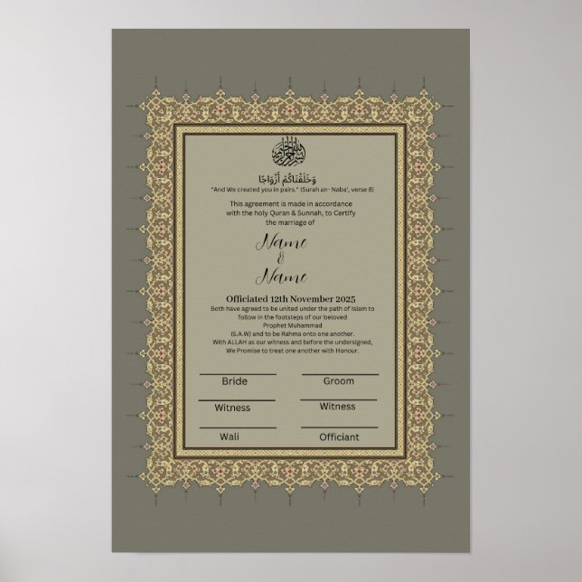 Poster Frontière florale gris islamique certificat Nikkah (Devant)