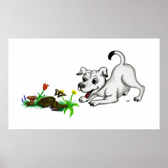 Poster Frühlingserwachen, Welpe mit Schmetterling (Devant)