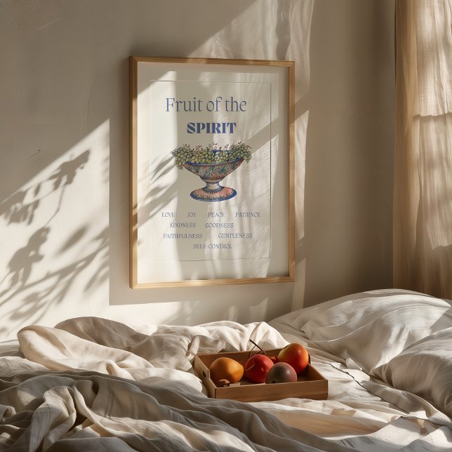 Poster Fruit de l'Esprit Bible Mur Imprimer (Minimalist Fruit of the Spirit poster in a neutral modern room with wooden furniture and soft light.)