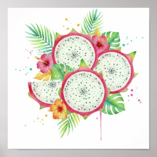 Poster Fruit du dragon et hibiscus tropical à l'aquarelle