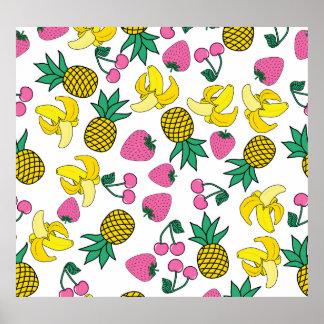 Poster Fruit Fiesta : Bananes, ananas, fraises