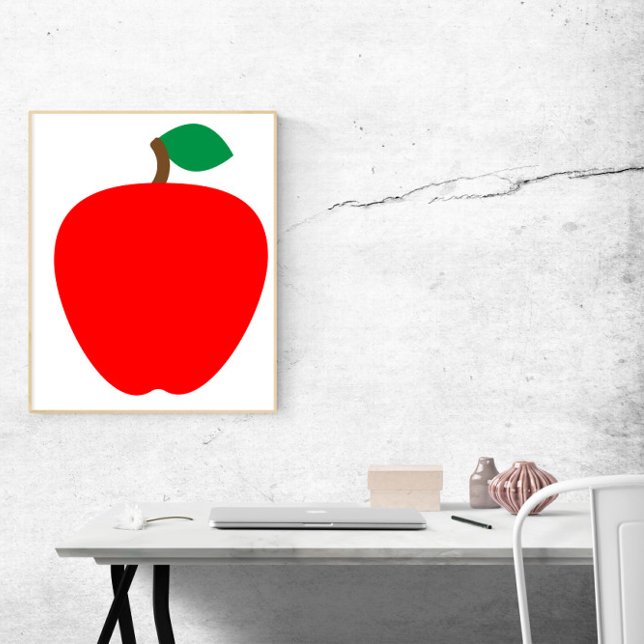 Poster Fruit rouge pomme (A poster with a red apple with a green leaf.)