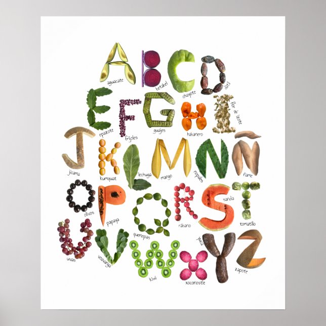 Poster Fruits et légumes de l'alphabet espagnol Mexique (Devant)