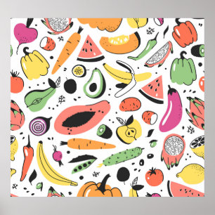 Poster Fruits, légumes motif dessinés main.