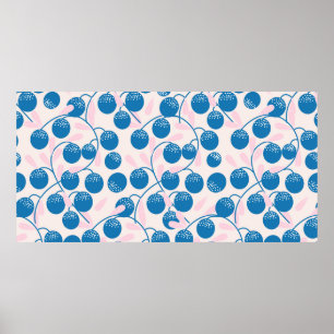 Poster Fruits ronds bleus aux feuilles roses, en p transp