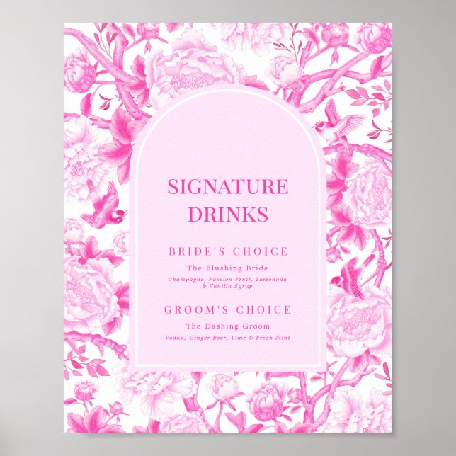 Poster Fuchsia Chinoiserie rose Mariage Signature Boisson (Devant)