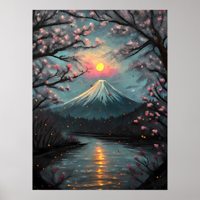 Poster  Fuji Sunset Cherry Blossom Mountain Art (Devant)