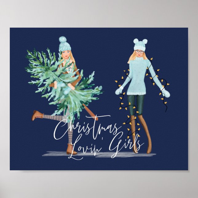Poster Fun Christmas Lovin' Girls Holding Tree & Lights (Devant)