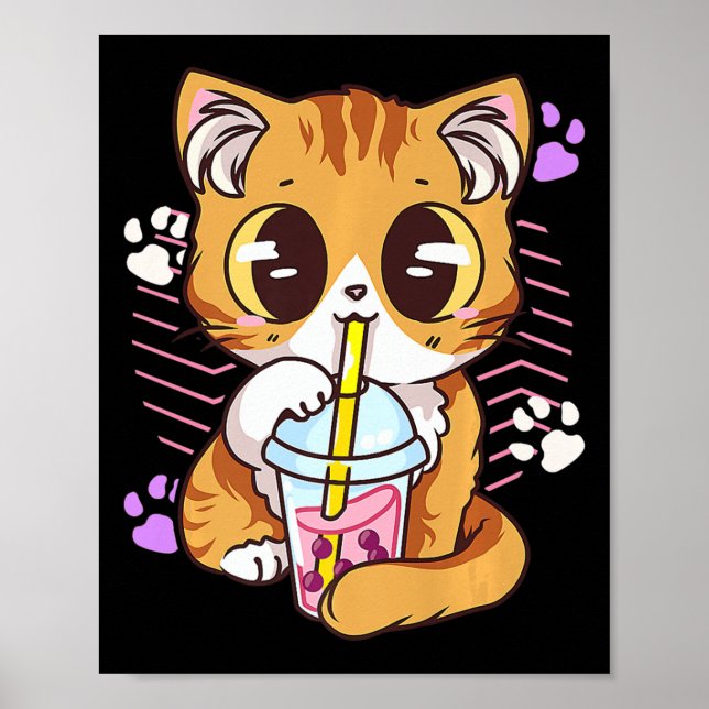 Poster Fun Kawaii Cute Cat Boba Buble Lait Thé Anime Nek (Devant)