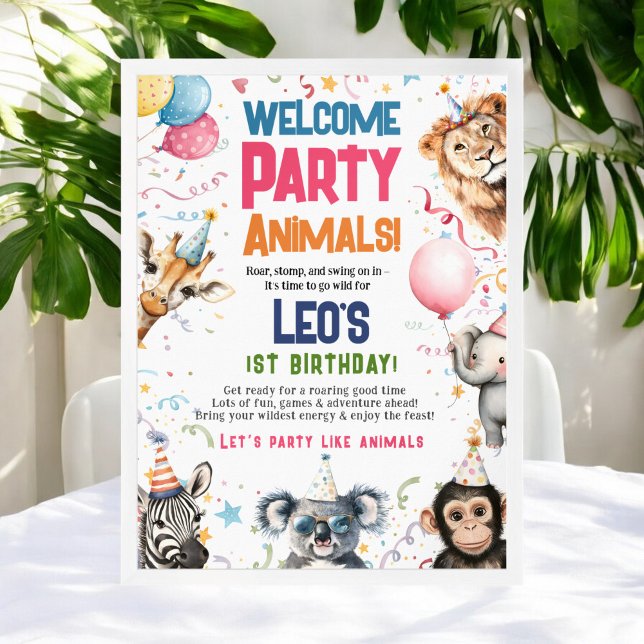 Poster Fun Party Animaux 1er anniversaire Bienvenue (Fun Party Animals 1st birthday Welcome Poster)