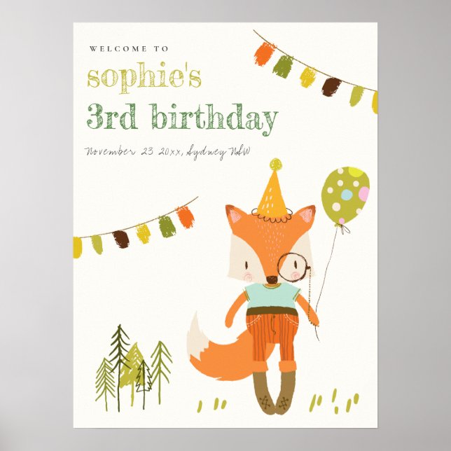 Poster Fun Party Fox de Woodland mignonne Anniversaire de (Devant)