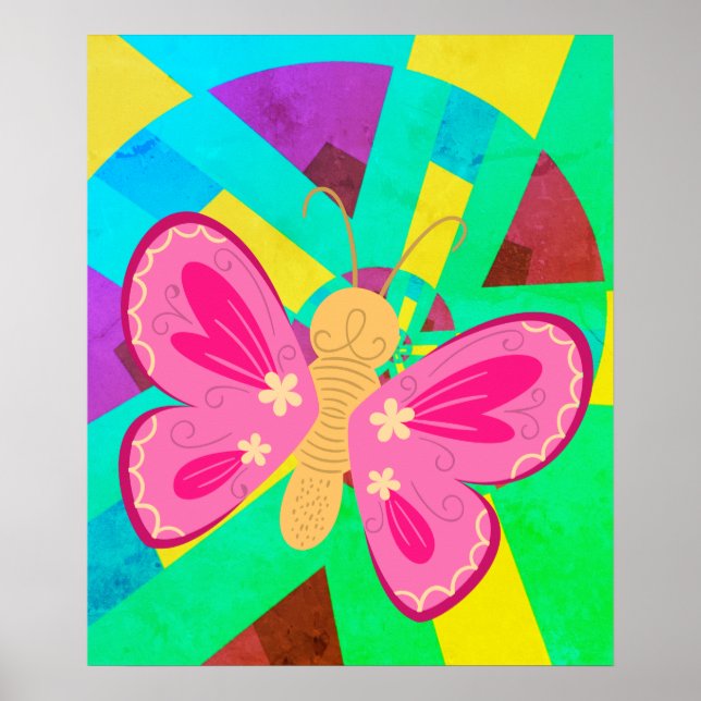 Poster Fun Turquoise, vert et rose papillon abstrait (Devant)