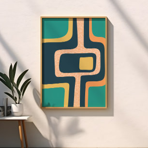 Poster Funky Abstrait Milieu de Siècle Sarcelle, Jaune, O