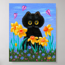 Funky Black Cat Art Spring Daffodils Créationarts