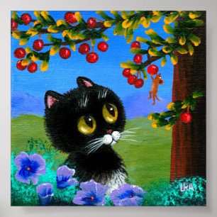 Poster Funky Black Cat Mouse Cerises Créationarts