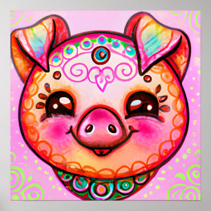 Poster Funky Boho Cochon ferme portrait animal art