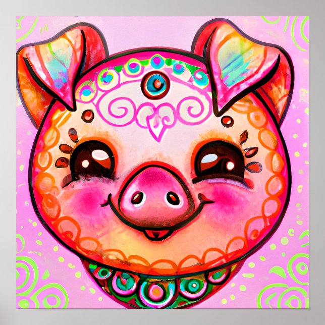 Poster Funky Boho Cochon ferme portrait animal art (Devant)