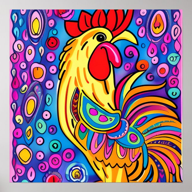 Poster Funky Boho Rooster Farm Animal Portrait Art (Devant)