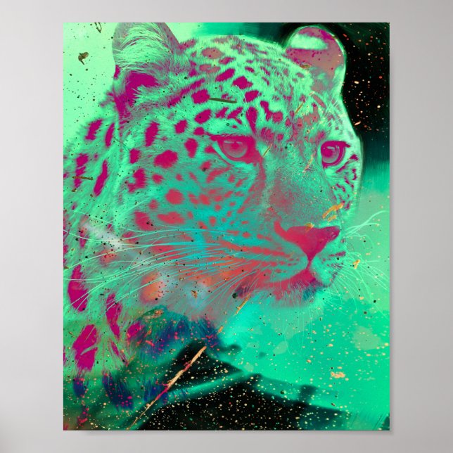 Poster Funky Cheetah Psychedelic Mint Hot rose Art (Devant)