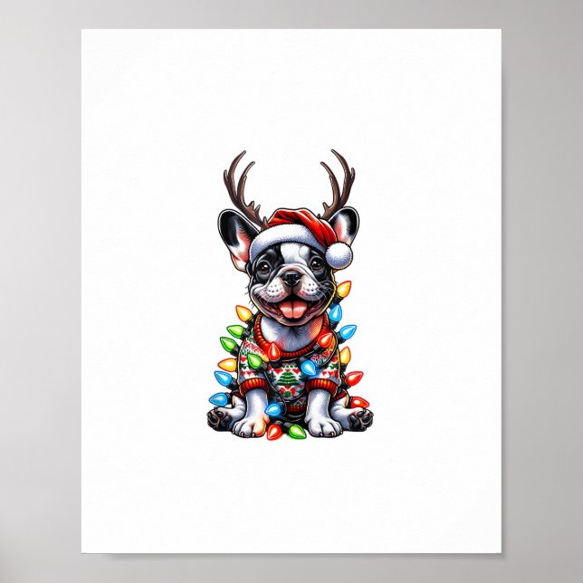 Poster Funky French Bulldog Christmas Light Santa Hat Rei (Devant)