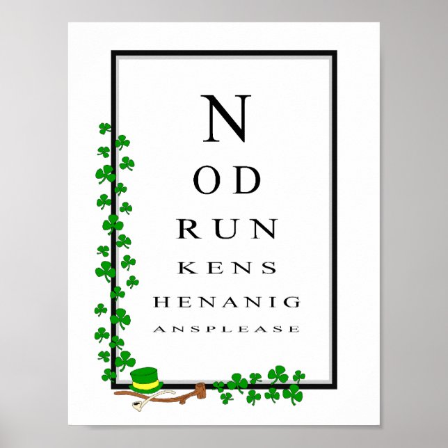 Poster Funky Irish Eye Test Chart Pas de Shenanigans ivre (Devant)