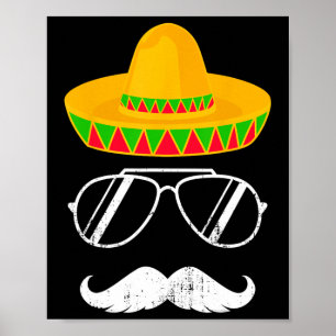 Poster Funky Mexicain Sombrero Moustache Face Pour Cinco