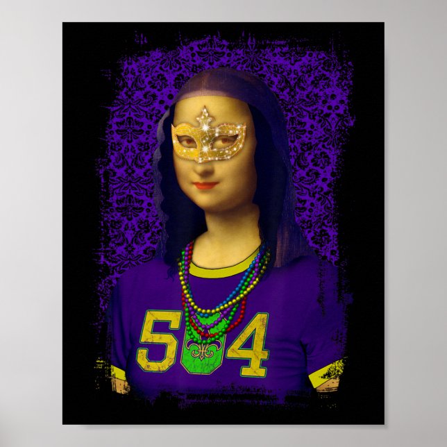 Poster Funny 504 New Orleans Mardi Gras Mona Lisa Mashup (Devant)