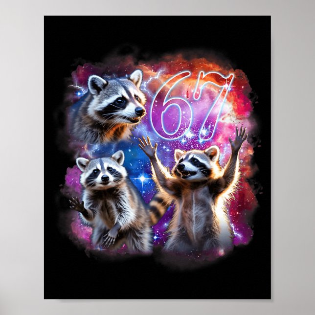 Poster Funny 67 Meme Racoon Howling At The Moon Six Seven (Devant)