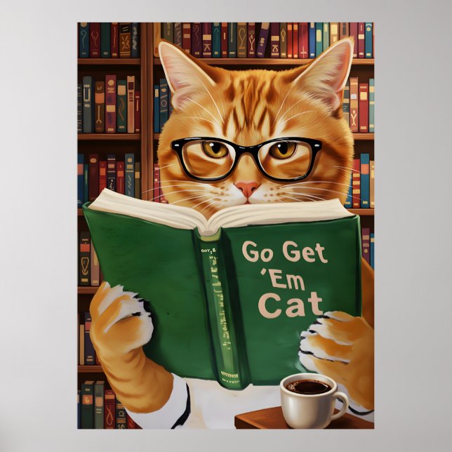 Poster Funny Adorable Reading Cat Art Coffee Tabby Cat (Devant)