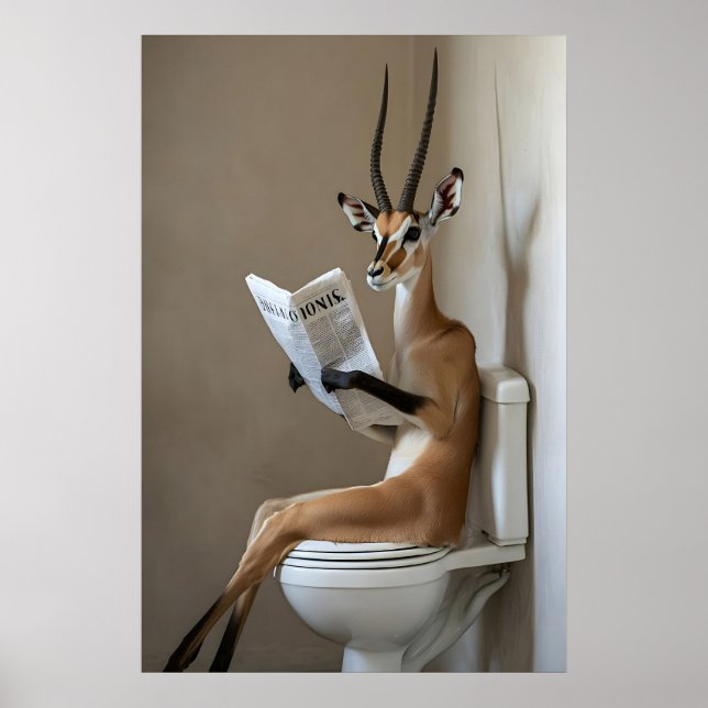 Poster Funny Antelope Bathroom Print, Toilet Newspaper (Devant)