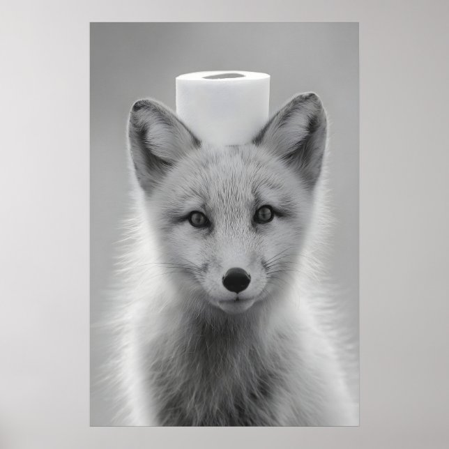 Poster Funny Arctic Fox Bathroom Print, Toilet Paper on (Devant)