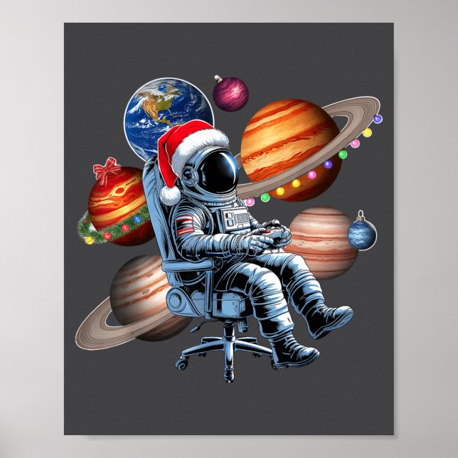 Poster Funny Astronaut Christmas Space Lights Santa Hat P (Devant)