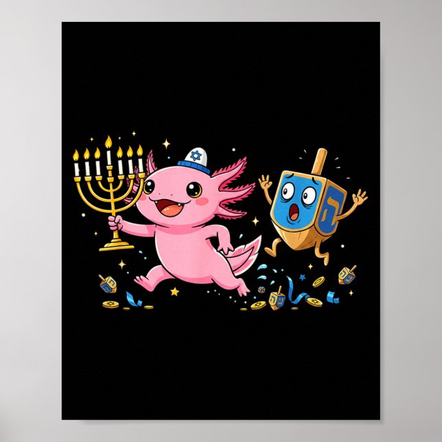 Poster Funny Axolotl Dreidel Menorah Hanukkah Kids Womens (Devant)