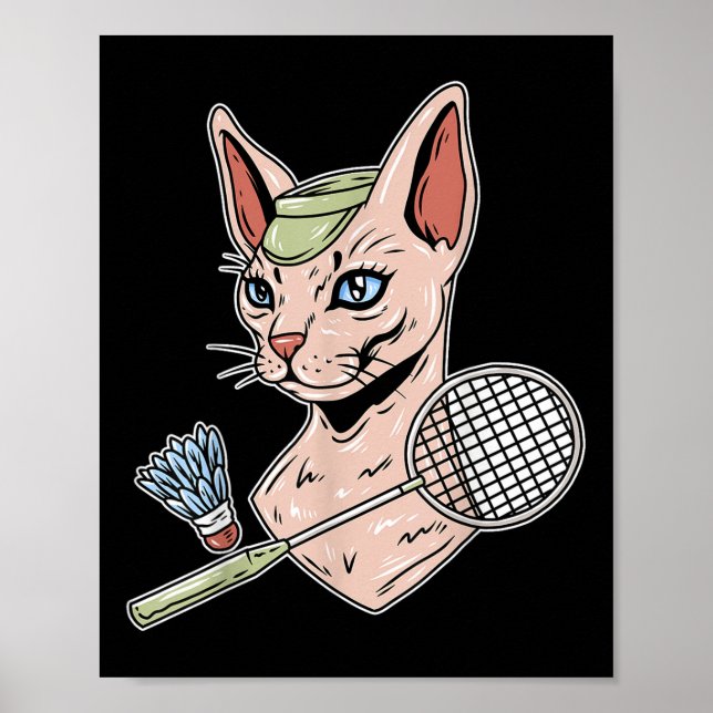 Poster Funny Badminton Devon Rex Cat Shuttle  (Devant)