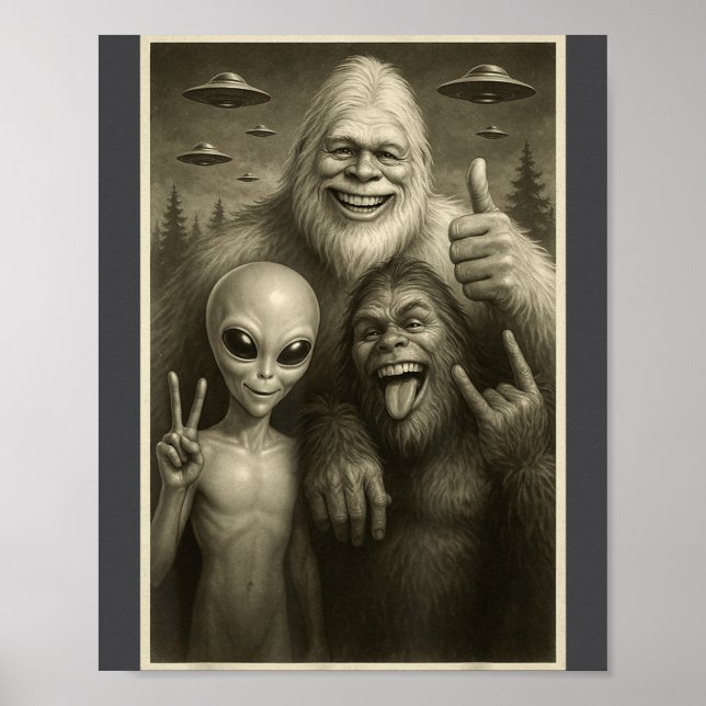 Poster Funny Bigfoot, Alien, &amp; Yeti Sasquatch Rock On (Devant)