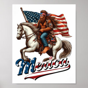 Poster Funny Bigfoot Merica Usa Mullet Byndana Horse Ridi