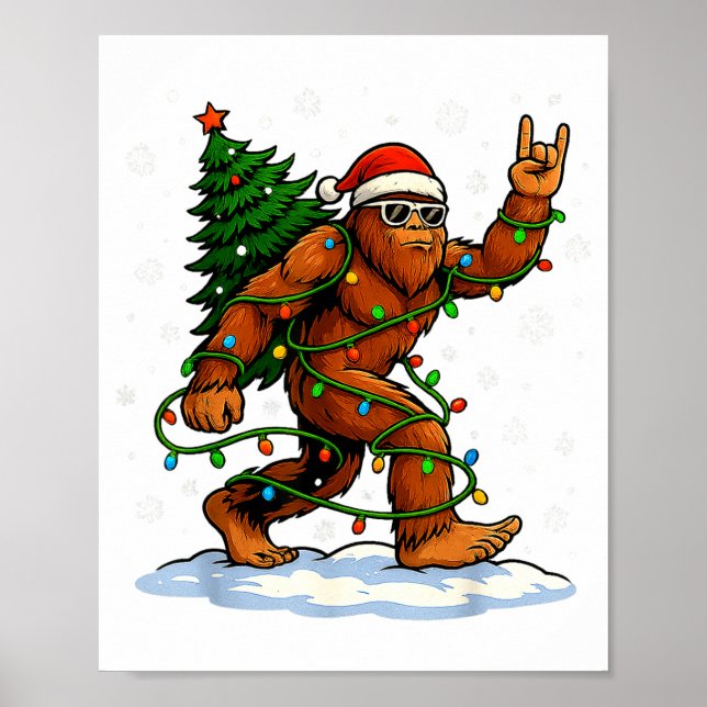 Poster Funny Bigfoot Rock On Christmas Lights Snow Holida (Devant)