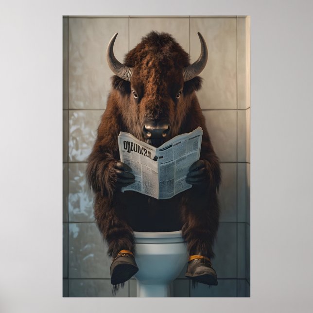 Poster Funny Bison Bathroom Print, Toilet Newspaper Art (Devant)