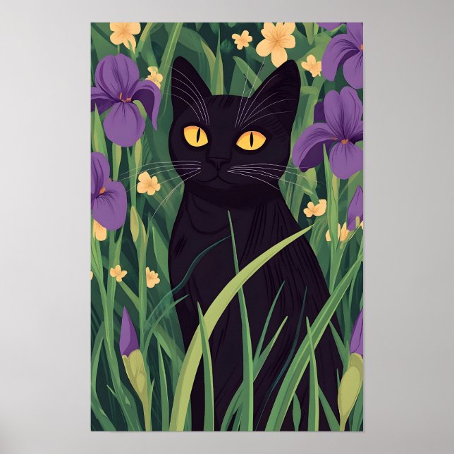 Poster Funny Black cat and Beautiful Flower  (Devant)
