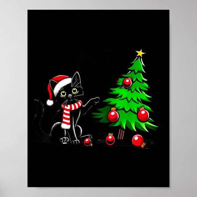 Poster Funny Black Cat Pushing Christmas Tree Over Cat Wh (Devant)