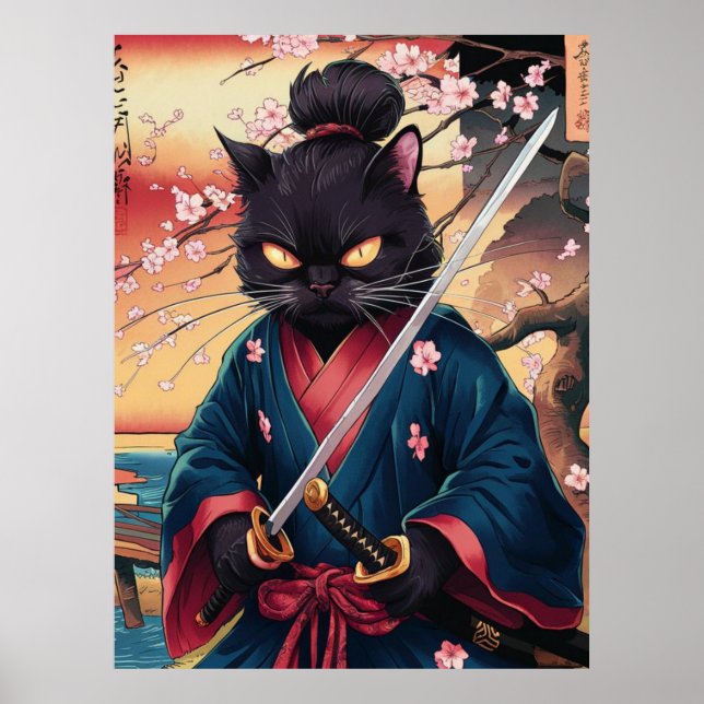 Poster Funny Black Cat Samurai  (Devant)